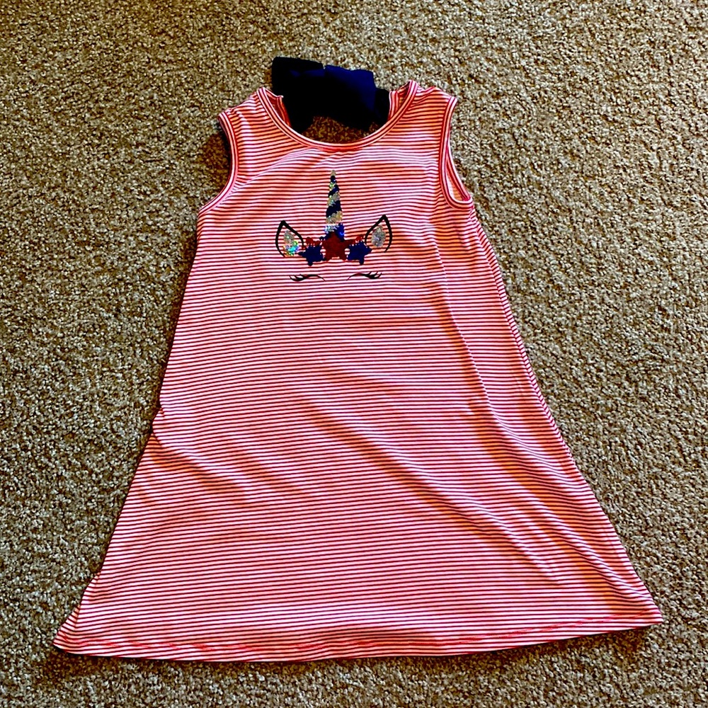 Girls size 6 dress, red & white stripes with blue bow and sequin unicorn detail